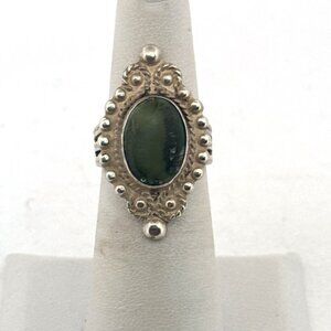 Estate Sterling Silver 925 Green Oval Gemstone Statement Ring Size 5 Vintage